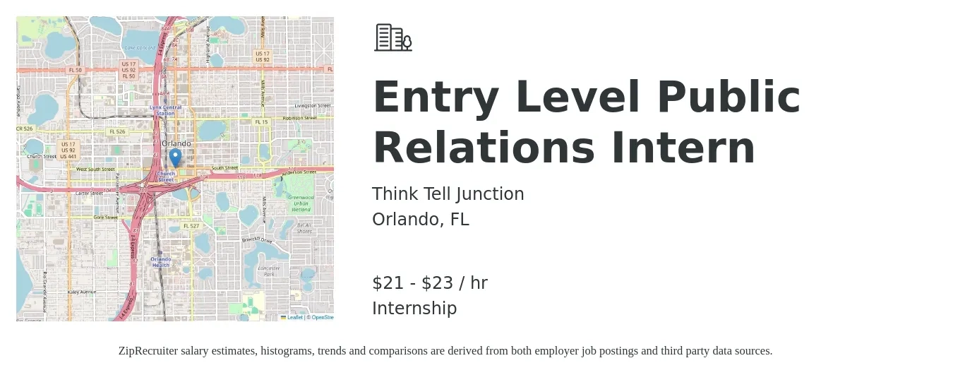 Think Tell Junction job posting for a Entry Level Public Relations Intern in Orlando, FL with a salary of $22 to $24 Hourly with a map of Orlando location.
