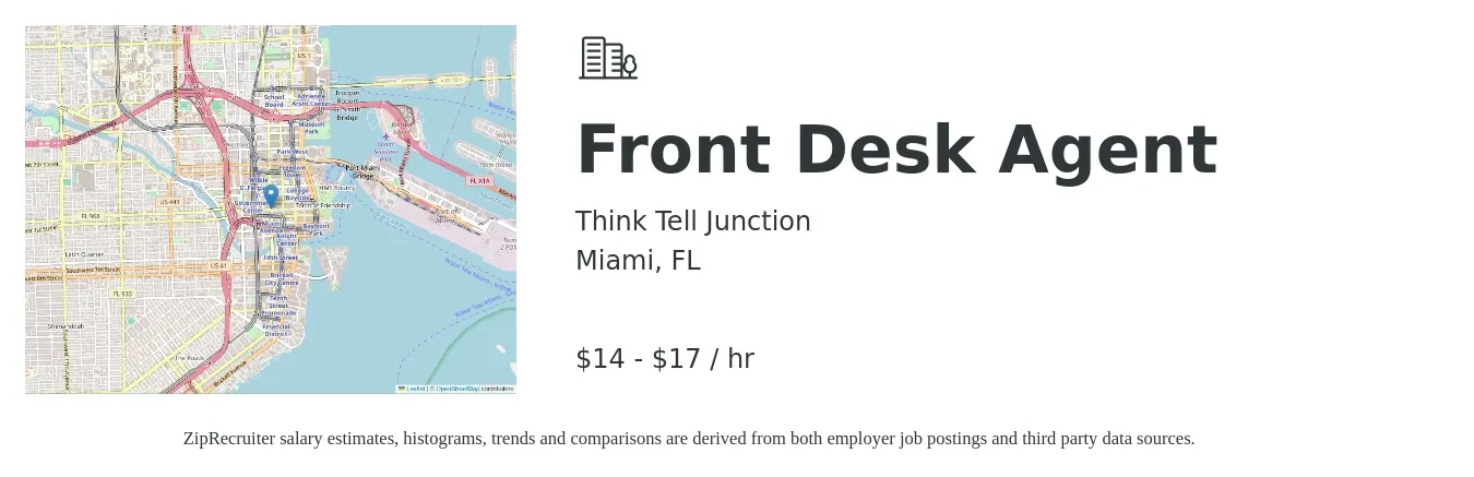 Think Tell Junction job posting for a Front Desk Agent in Miami, FL with a salary of $15 to $18 Hourly with a map of Miami location.