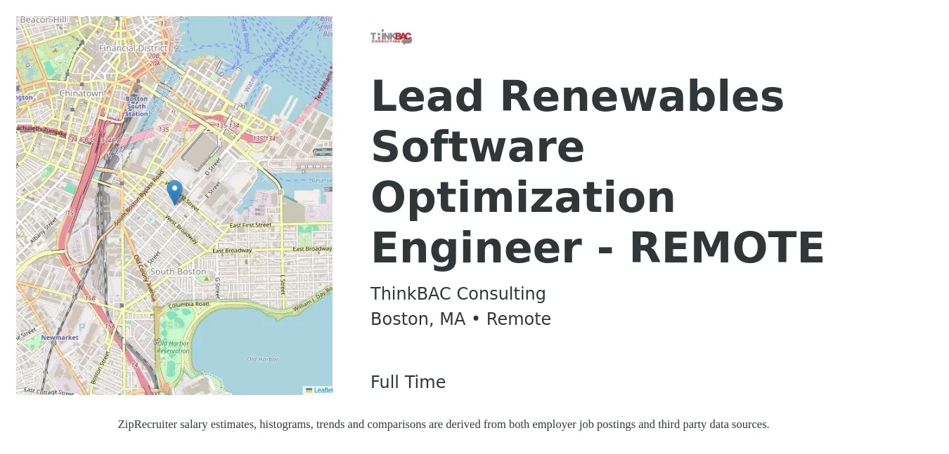 ThinkBAC Consulting job posting for a Lead Renewables Software Optimization Engineer - REMOTE in Boston, MA with a salary of $131,400 to $183,000 Yearly with a map of Boston location.