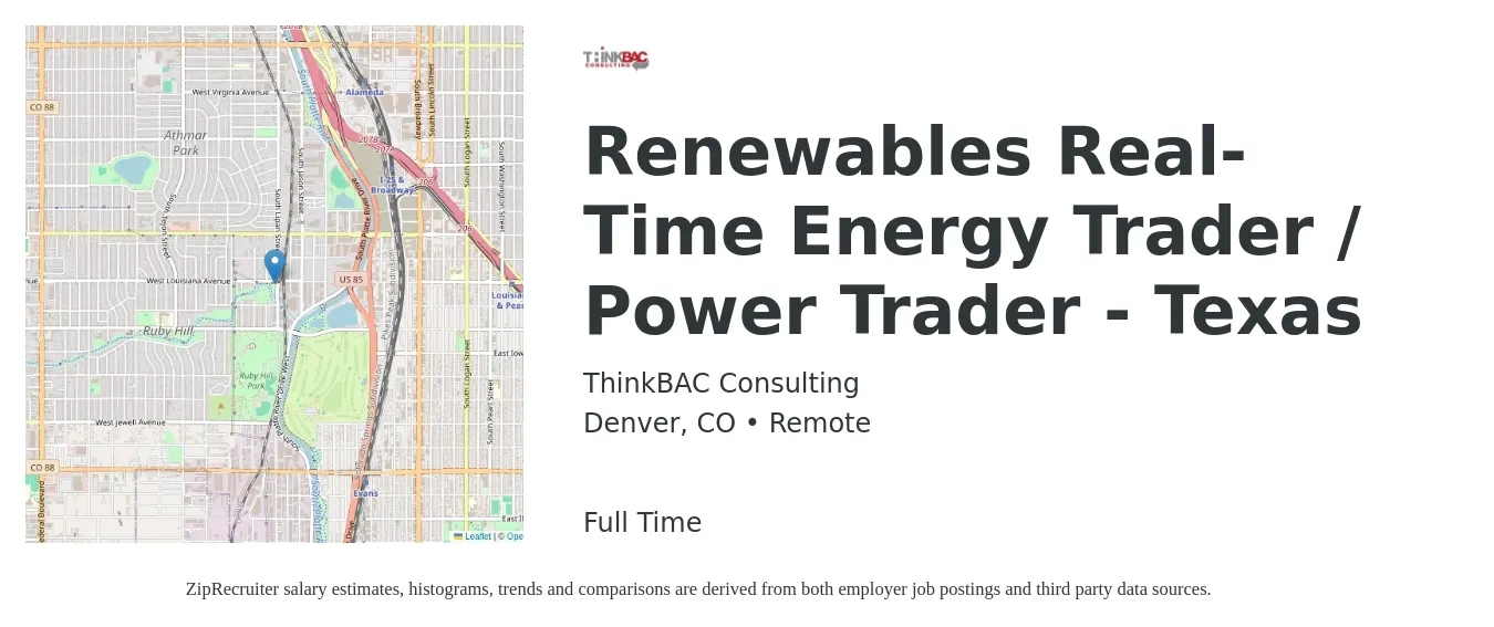 ThinkBAC Consulting job posting for a Renewables Real-Time Energy Trader / Power Trader - Texas in Denver, CO with a salary of $146,600 to $178,500 Yearly with a map of Denver location.