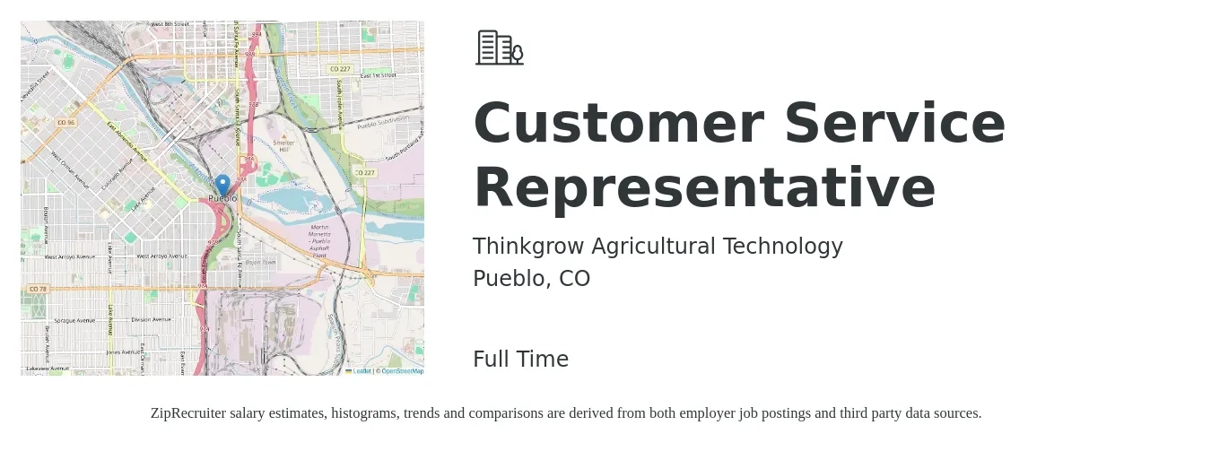 Thinkgrow Agricultural Technology job posting for a Customer Service Representative in Pueblo, CO with a salary of $20 to $25 Hourly with a map of Pueblo location.