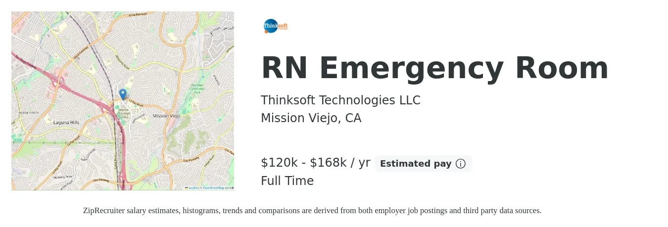 Thinksoft Technologies LLC job posting for a RN Emergency Room in Mission Viejo, CA with a salary of $120,000 to $168,000 Yearly with a map of Mission Viejo location.