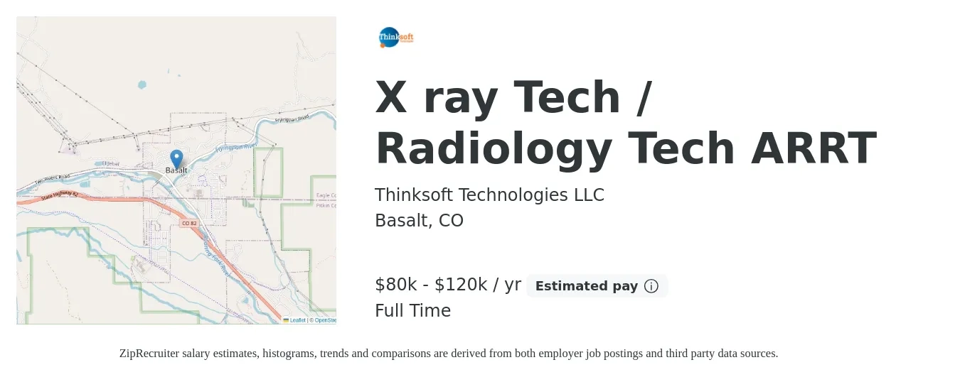 Thinksoft Technologies LLC job posting for a X ray Tech / Radiology Tech ARRT in Basalt, CO with a salary of $80,000 to $120,000 Yearly with a map of Basalt location.