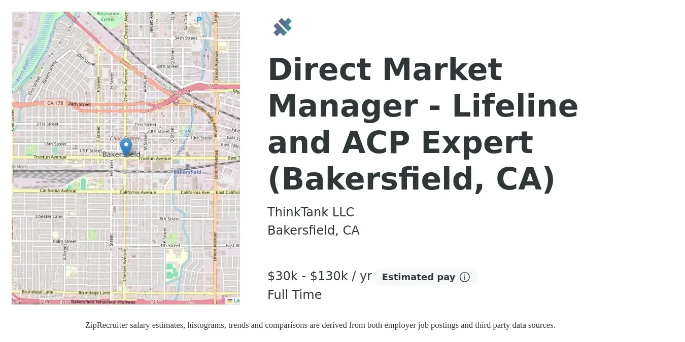 ThinkTank LLC job posting for a Direct Market Manager - Lifeline and ACP Expert (Bakersfield, CA) in Bakersfield, CA with a salary of $30,000 to $130,000 Yearly with a map of Bakersfield location.