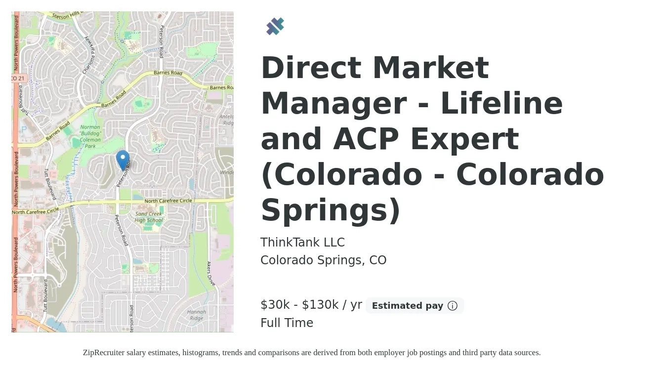 ThinkTank LLC job posting for a Direct Market Manager - Lifeline and ACP Expert (Colorado - Colorado Springs) in Colorado Springs, CO with a salary of $30,000 to $130,000 Yearly with a map of Colorado Springs location.