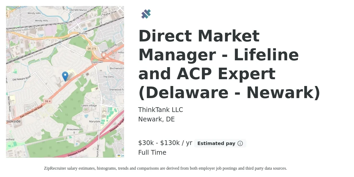 ThinkTank LLC job posting for a Direct Market Manager - Lifeline and ACP Expert (Delaware - Newark) in Newark, DE with a salary of $30,000 to $130,000 Yearly with a map of Newark location.