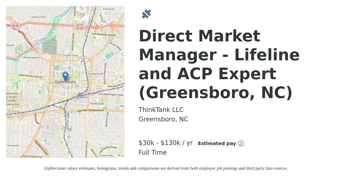 ThinkTank LLC job posting for a Direct Market Manager - Lifeline and ACP Expert (Greensboro, NC) in Greensboro, NC with a salary of $30,000 to $130,000 Yearly with a map of Greensboro location.