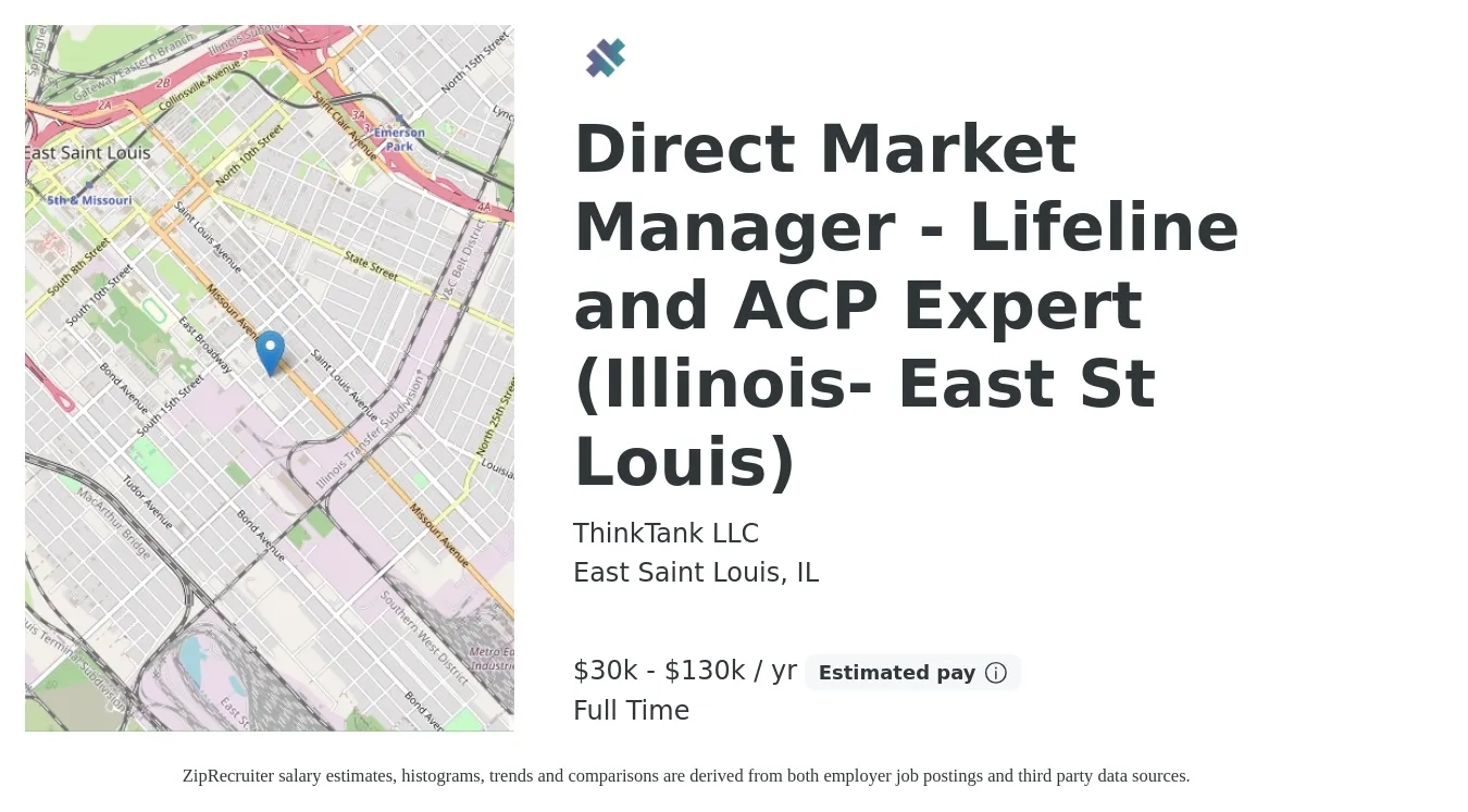 ThinkTank LLC job posting for a Direct Market Manager - Lifeline and ACP Expert (Illinois- East St Louis) in East Saint Louis, IL with a salary of $30,000 to $130,000 Yearly with a map of East Saint Louis location.