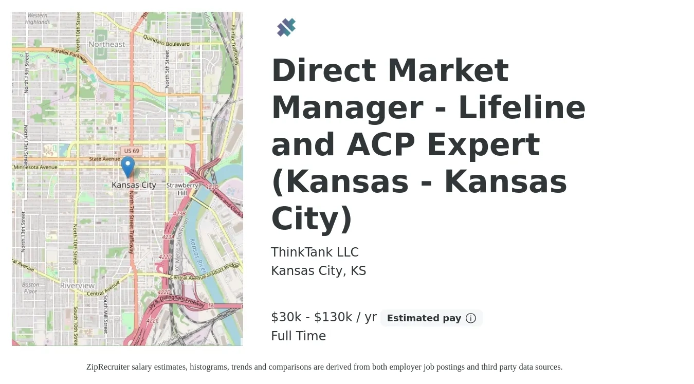 ThinkTank LLC job posting for a Direct Market Manager - Lifeline and ACP Expert (Kansas - Kansas City) in Kansas City, KS with a salary of $30,000 to $130,000 Yearly with a map of Kansas City location.