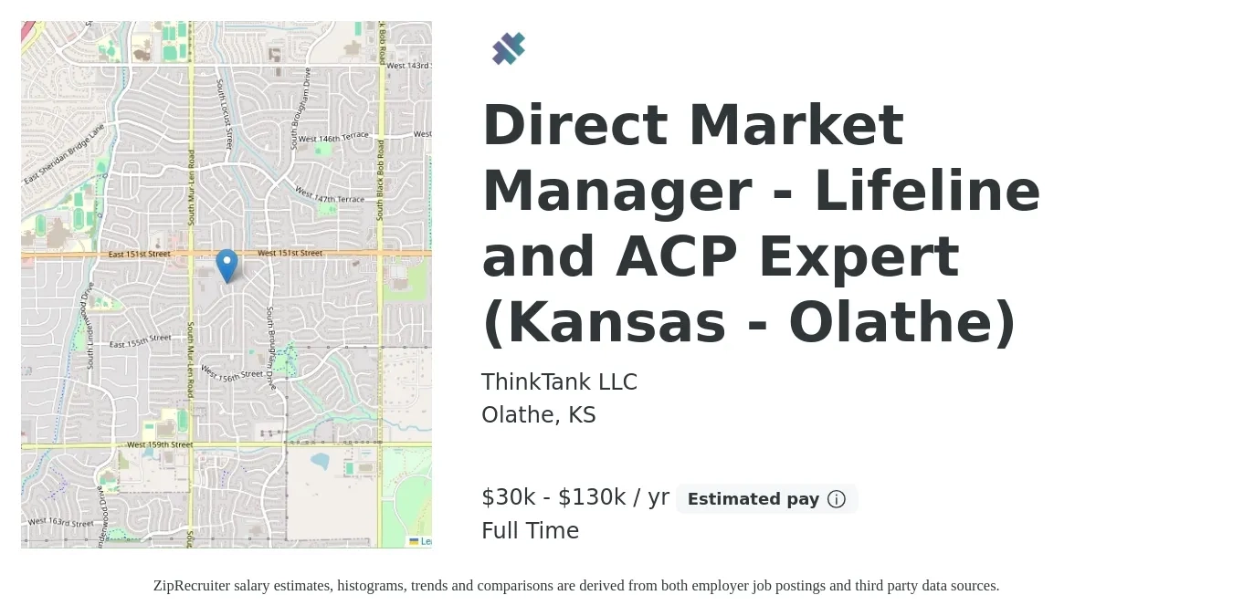 ThinkTank LLC job posting for a Direct Market Manager - Lifeline and ACP Expert (Kansas - Olathe) in Olathe, KS with a salary of $30,000 to $130,000 Yearly with a map of Olathe location.