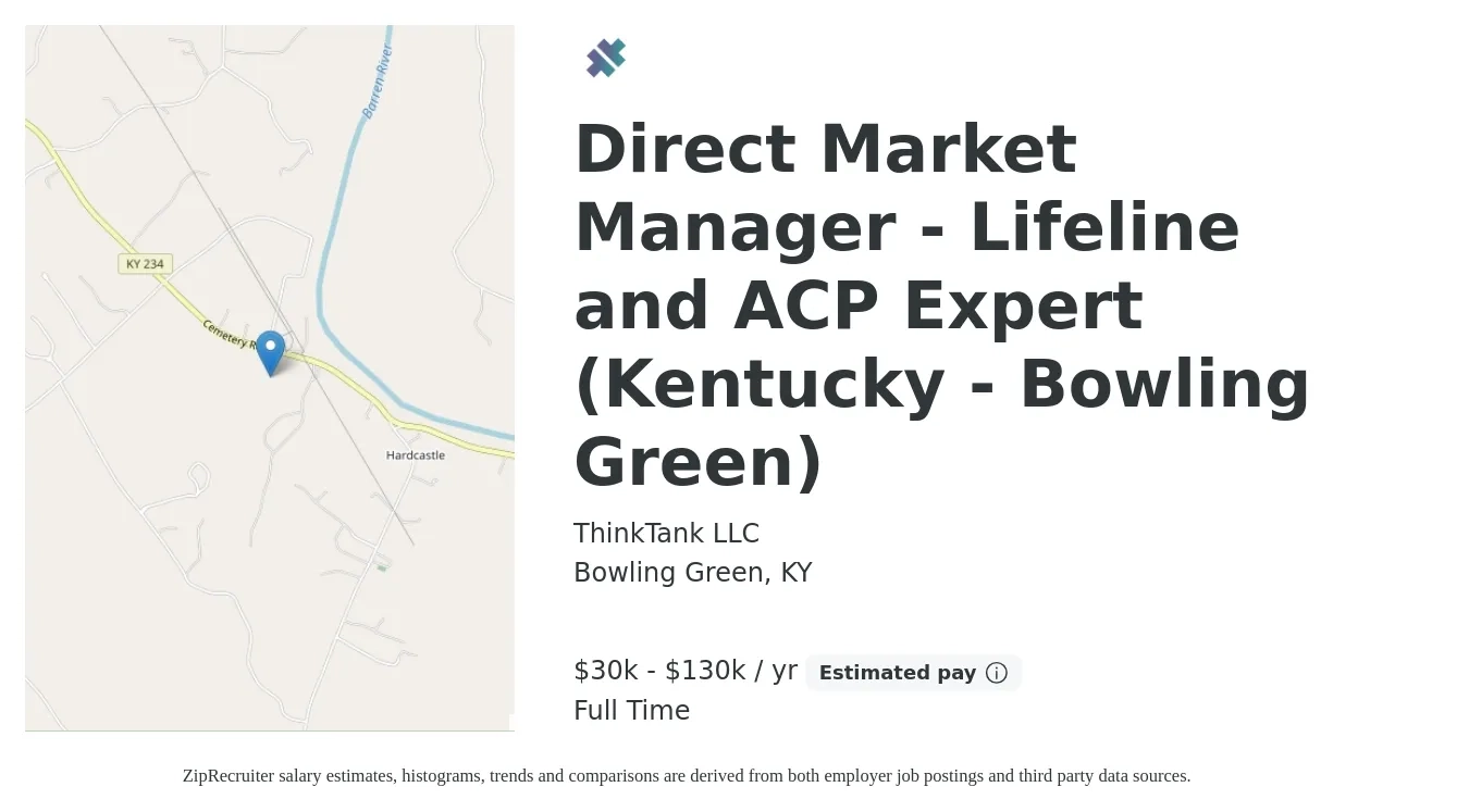 ThinkTank LLC job posting for a Direct Market Manager - Lifeline and ACP Expert (Kentucky - Bowling Green) in Bowling Green, KY with a salary of $30,000 to $130,000 Yearly with a map of Bowling Green location.