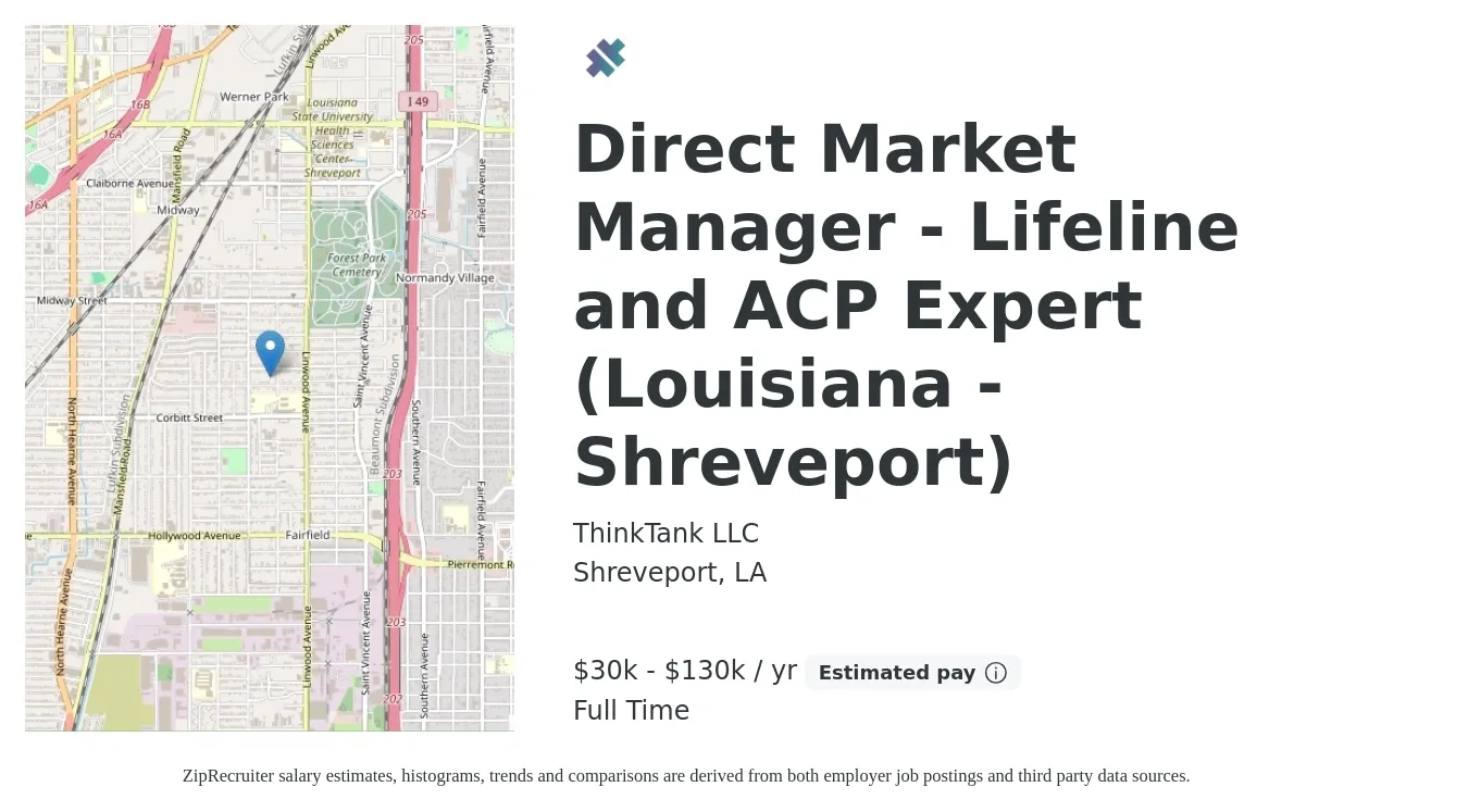 ThinkTank LLC job posting for a Direct Market Manager - Lifeline and ACP Expert (Louisiana - Shreveport) in Shreveport, LA with a salary of $30,000 to $130,000 Yearly with a map of Shreveport location.