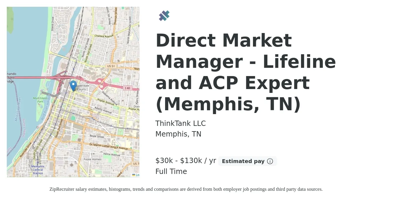 ThinkTank LLC job posting for a Direct Market Manager - Lifeline and ACP Expert (Memphis, TN) in Memphis, TN with a salary of $30,000 to $130,000 Yearly with a map of Memphis location.