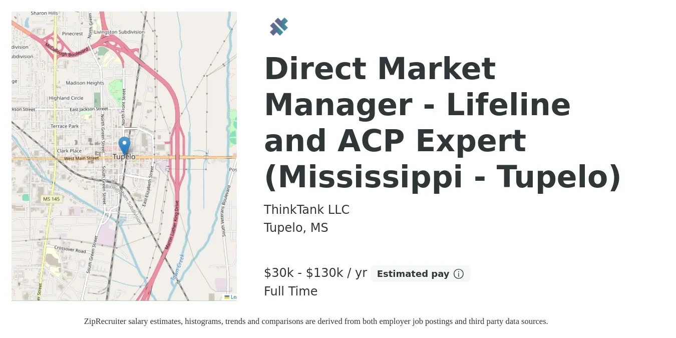 ThinkTank LLC job posting for a Direct Market Manager - Lifeline and ACP Expert (Mississippi - Tupelo) in Tupelo, MS with a salary of $30,000 to $130,000 Yearly with a map of Tupelo location.