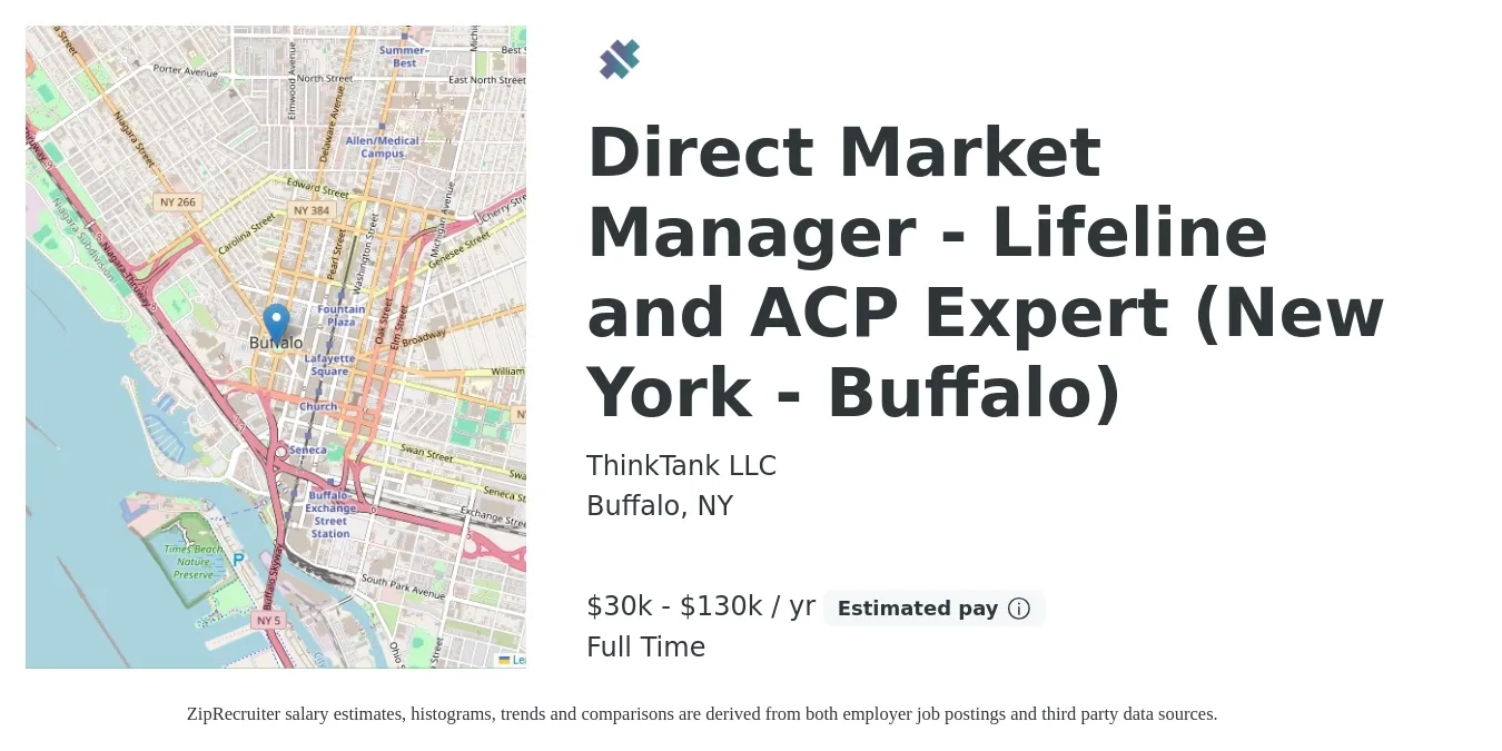 ThinkTank LLC job posting for a Direct Market Manager - Lifeline and ACP Expert (New York - Buffalo) in Buffalo, NY with a salary of $30,000 to $130,000 Yearly with a map of Buffalo location.