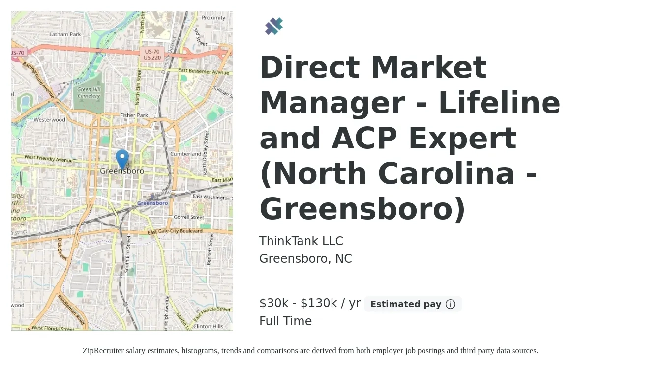 ThinkTank LLC job posting for a Direct Market Manager - Lifeline and ACP Expert (North Carolina - Greensboro) in Greensboro, NC with a salary of $30,000 to $130,000 Yearly with a map of Greensboro location.