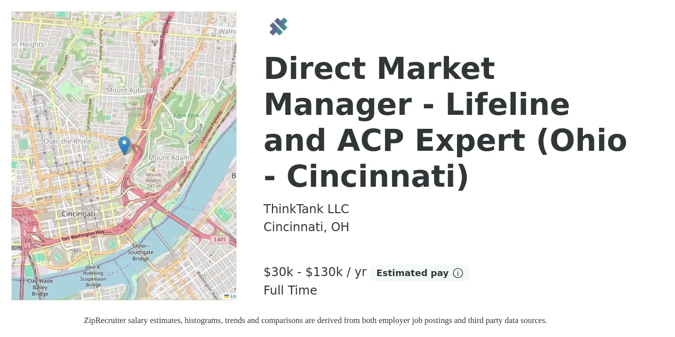 ThinkTank LLC job posting for a Direct Market Manager - Lifeline and ACP Expert (Ohio - Cincinnati) in Cincinnati, OH with a salary of $30,000 to $130,000 Yearly with a map of Cincinnati location.