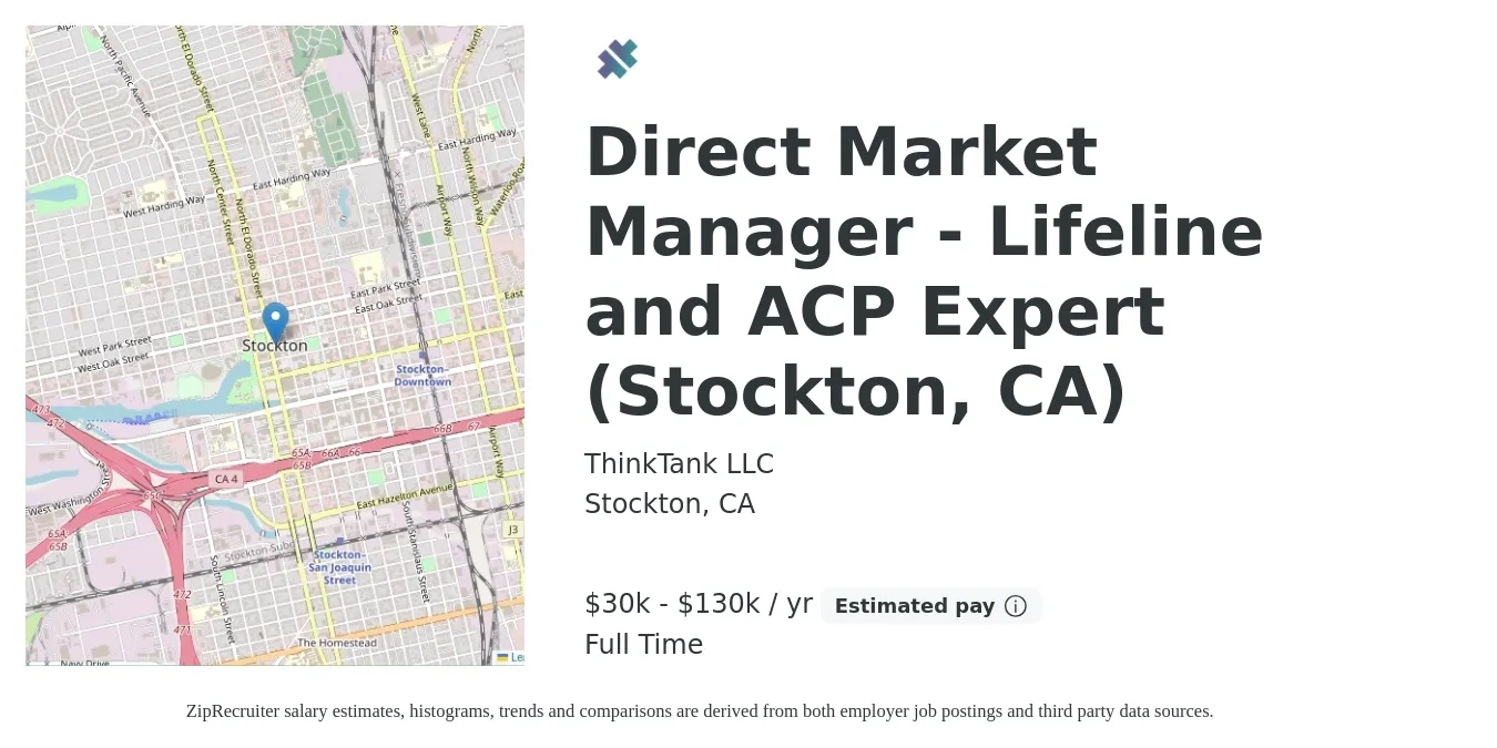ThinkTank LLC job posting for a Direct Market Manager - Lifeline and ACP Expert (Stockton, CA) in Stockton, CA with a salary of $30,000 to $130,000 Yearly with a map of Stockton location.