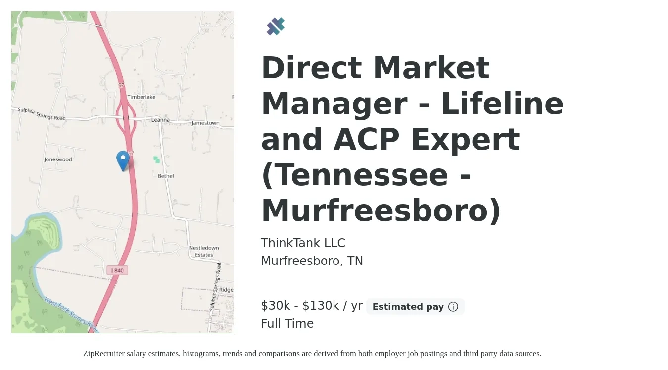 ThinkTank LLC job posting for a Direct Market Manager - Lifeline and ACP Expert (Tennessee - Murfreesboro) in Murfreesboro, TN with a salary of $30,000 to $130,000 Yearly with a map of Murfreesboro location.