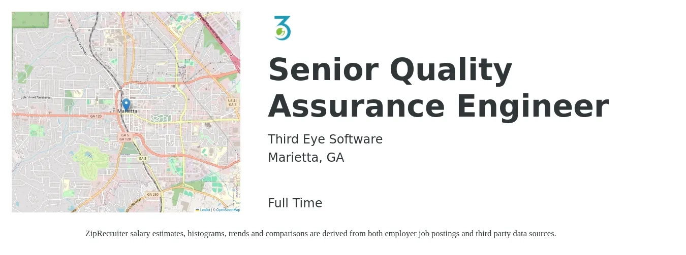 Third Eye Software job posting for a Senior Quality Assurance Engineer in Marietta, GA with a salary of $50 to $65 Hourly with a map of Marietta location.