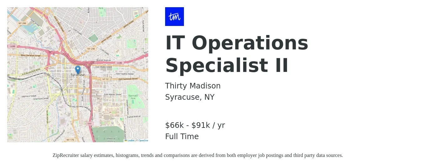 Thirty Madison job posting for a IT Operations Specialist II in Syracuse, NY with a salary of $66,400 to $91,300 Yearly with a map of Syracuse location.