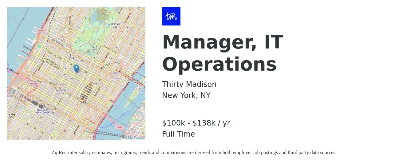 Thirty Madison job posting for a Manager, IT Operations in New York, NY with a salary of $100,800 to $138,600 Yearly with a map of New York location.