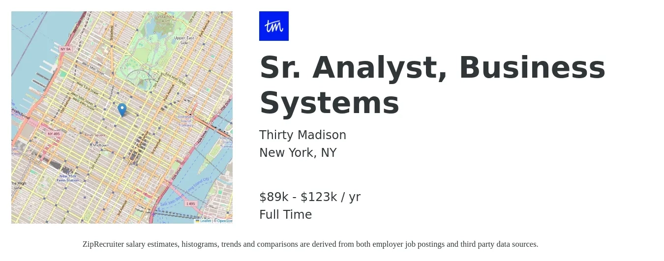 Thirty Madison job posting for a Sr. Analyst, Business Systems in New York, NY with a salary of $89,600 to $123,200 Yearly with a map of New York location.