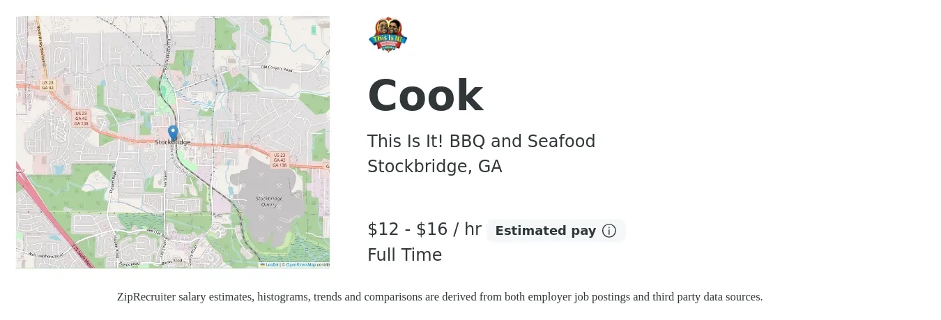 This Is It! BBQ and Seafood job posting for a Cook in Stockbridge, GA with a salary of $13 to $17 Hourly with a map of Stockbridge location.