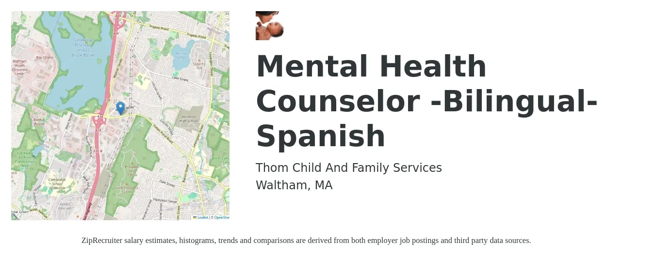 Thom Child And Family Services job posting for a Mental Health Counselor -Bilingual-Spanish in Waltham, MA with a salary of $51,300 to $79,200 Yearly with a map of Waltham location.