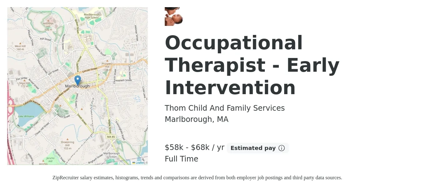 Thom Child And Family Services job posting for a Occupational Therapist - Early Intervention in Marlborough, MA with a salary of $58,000 to $68,000 Yearly with a map of Marlborough location.