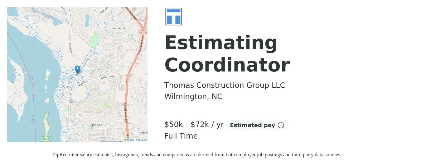 Thomas Construction Group LLC job posting for a Estimating Coordinator in Wilmington, NC with a salary of $50,000 to $72,000 Yearly with a map of Wilmington location.