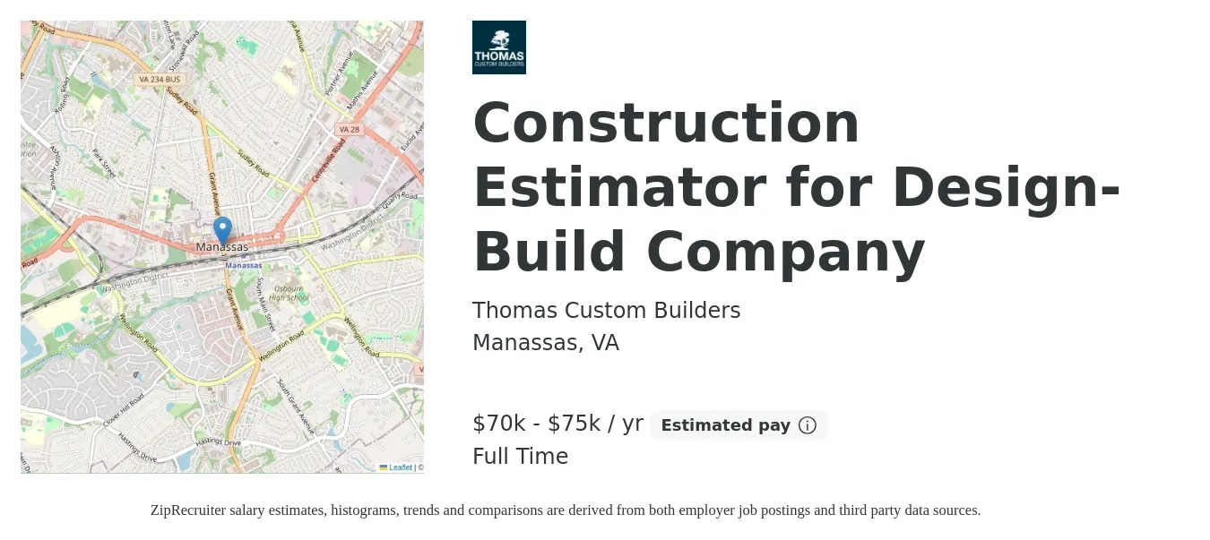 Thomas Custom Builders job posting for a Construction Estimator for Design-Build Company in Manassas, VA with a salary of $70,000 to $75,000 Yearly and benefits including retirement with a map of Manassas location.