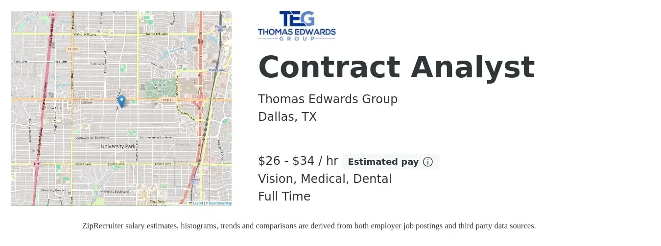 Thomas Edwards Group job posting for a Contract Analyst in Dallas, TX with a salary of $28 to $36 Hourly and benefits including pto, vision, dental, and medical with a map of Dallas location.