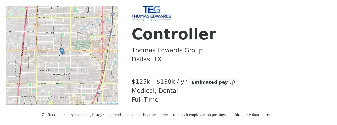 Thomas Edwards Group job posting for a Controller in Dallas, TX with a salary of $96,000 to $137,000 Yearly with a map of Dallas location.