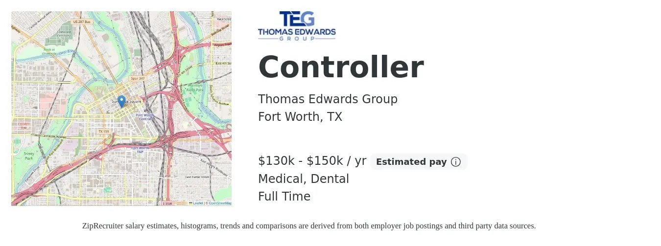 Thomas Edwards Group job posting for a Controller in Fort Worth, TX with a salary of $130,000 to $150,000 Yearly and benefits including dental, life_insurance, medical, pto, and retirement with a map of Fort Worth location.