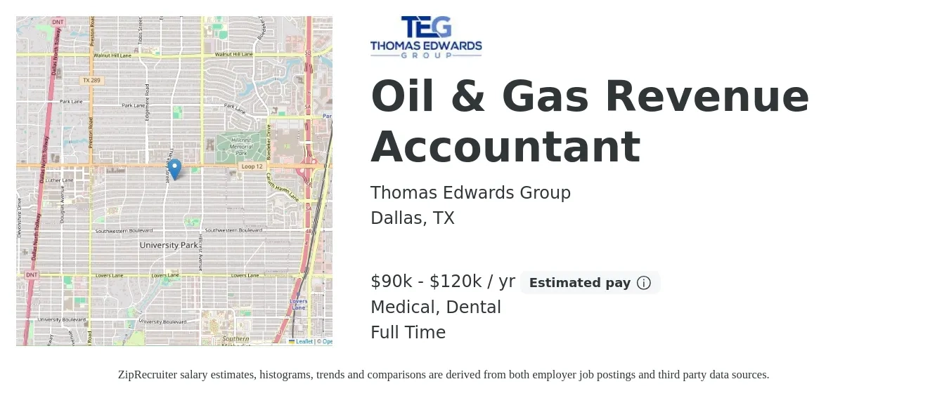 Thomas Edwards Group job posting for a Oil & Gas Revenue Accountant in Dallas, TX with a salary of $90,000 to $120,000 Yearly and benefits including pto, retirement, dental, life_insurance, and medical with a map of Dallas location.