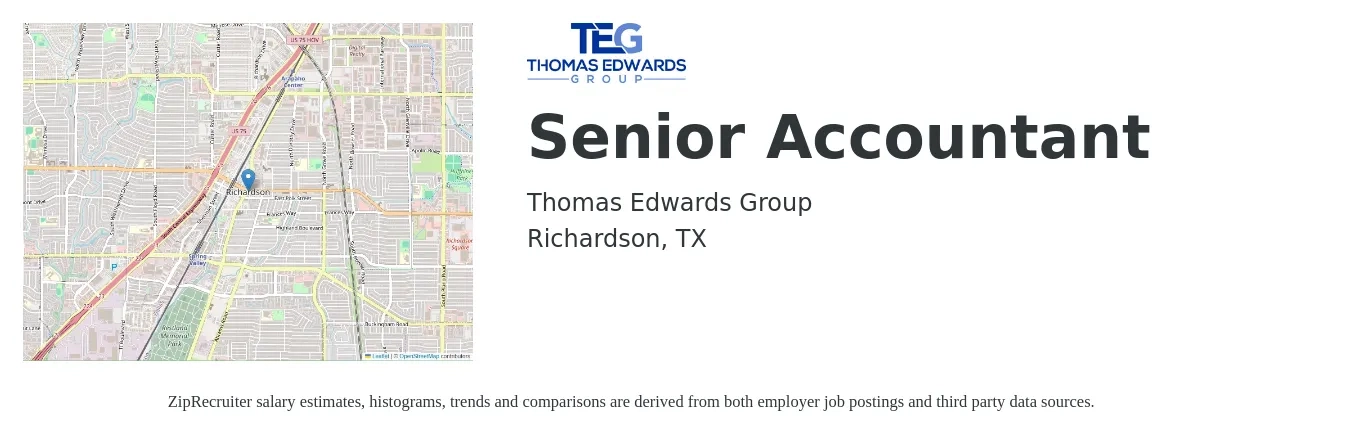 Thomas, Edwards Group job posting for a Senior Accountant in Richardson, TX with a salary of $67,200 to $84,500 Yearly with a map of Richardson location.