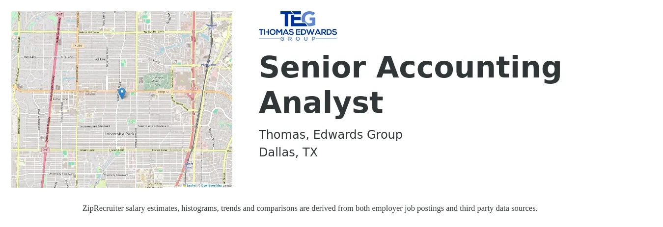 Thomas Edwards Group job posting for a Senior Accounting Analyst in Dallas, TX with a salary of $70,000 to $800,000 Yearly and benefits including dental, life_insurance, medical, pto, retirement, and vision with a map of Dallas location.