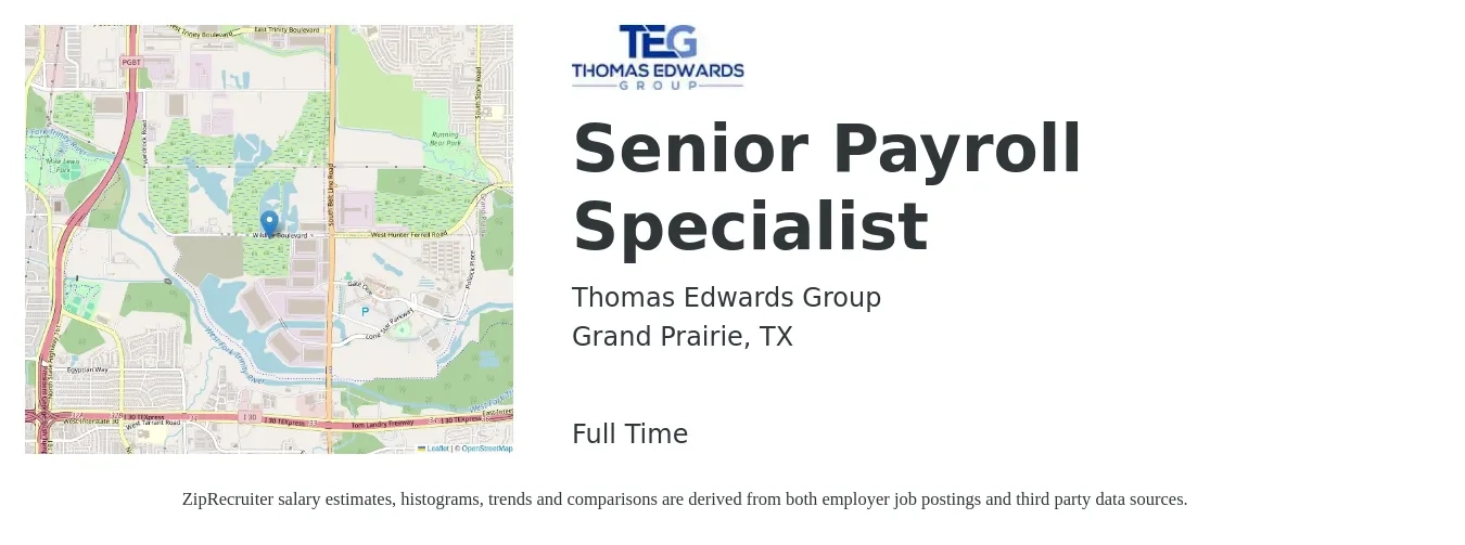 Thomas Edwards Group job posting for a Senior Payroll Specialist in Grand Prairie, TX with a salary of $28 to $38 Hourly with a map of Grand Prairie location.