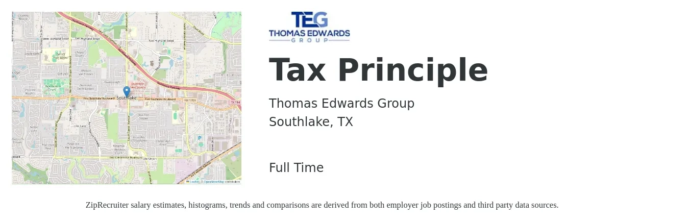 Thomas Edwards Group job posting for a Tax Principle in Southlake, TX with a salary of $104,500 to $137,000 Yearly with a map of Southlake location.