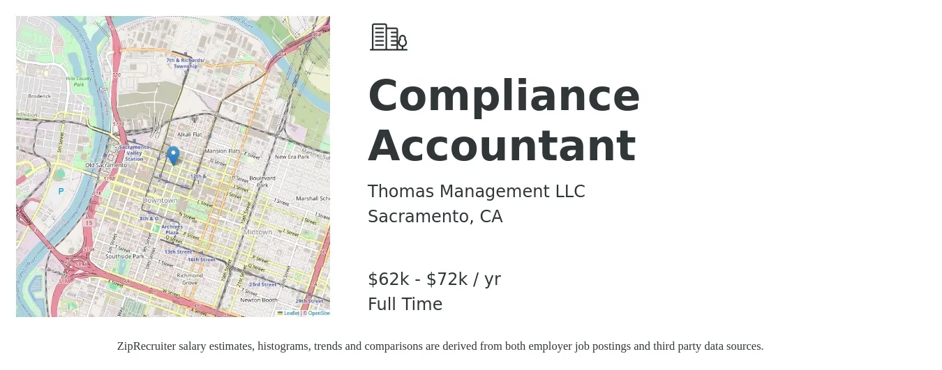 Thomas Management LLC job posting for a Compliance Accountant in Sacramento, CA with a salary of $62,000 to $72,000 Yearly with a map of Sacramento location.
