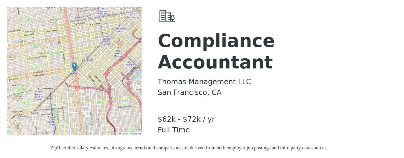 Thomas Management LLC job posting for a Compliance Accountant in San Francisco, CA with a salary of $62,000 to $72,000 Yearly with a map of San Francisco location.