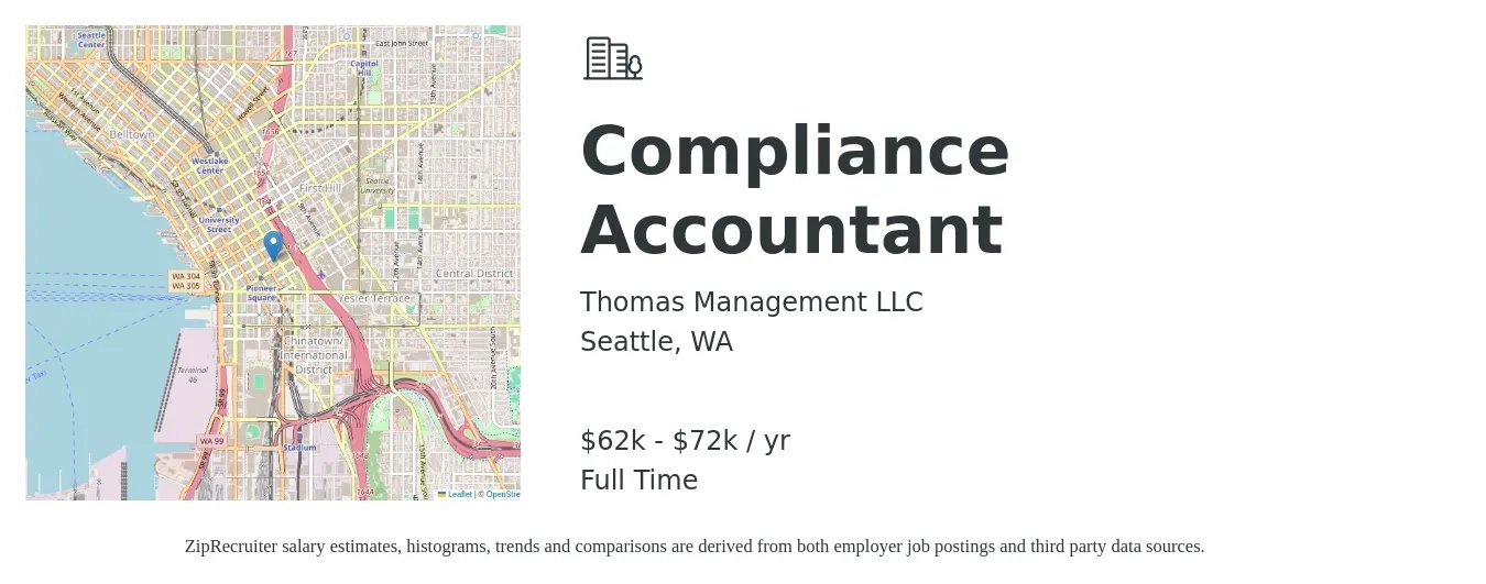 Thomas Management LLC job posting for a Compliance Accountant in Seattle, WA with a salary of $62,000 to $72,000 Yearly with a map of Seattle location.