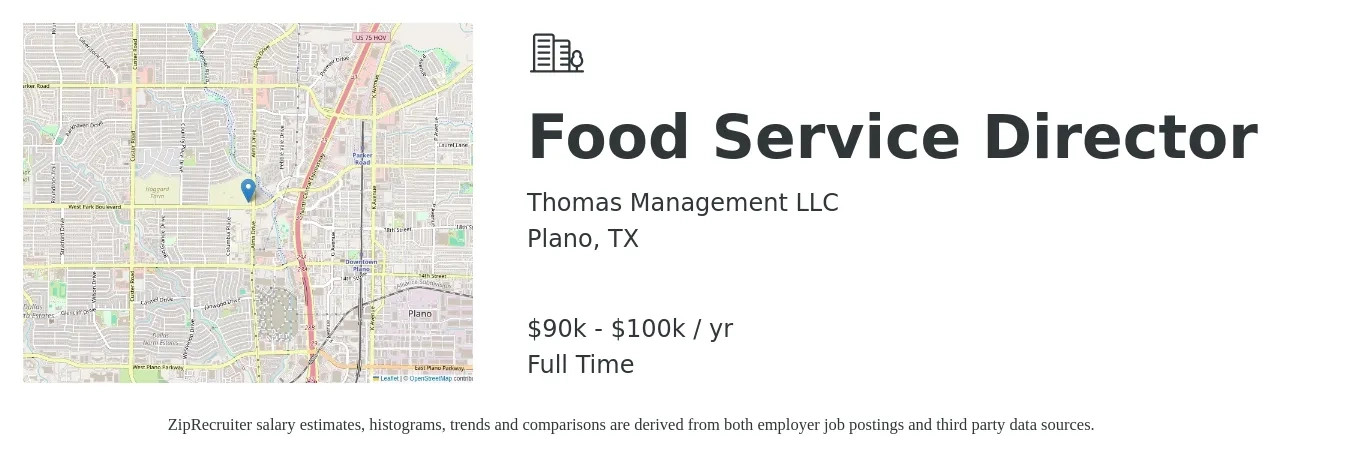 Thomas Management LLC job posting for a Food Service Director in Plano, TX with a salary of $90,000 to $100,000 Yearly with a map of Plano location.