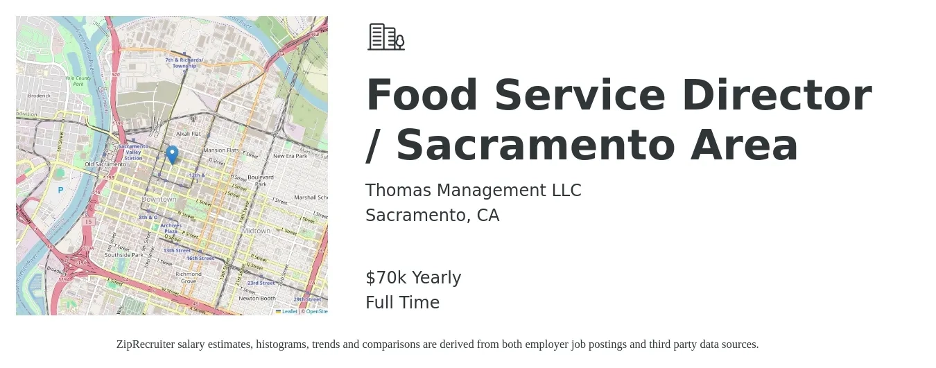 Thomas Management LLC job posting for a Food Service Director / Sacramento Area in Sacramento, CA with a salary of $70,000 Yearly with a map of Sacramento location.