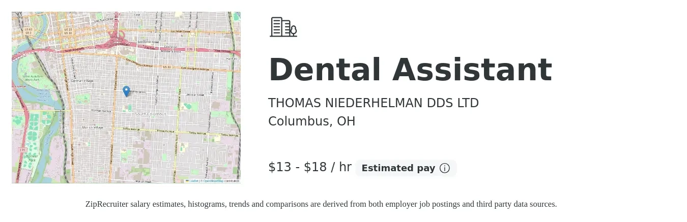 THOMAS NIEDERHELMAN DDS LTD job posting for a Dental Assistant in Columbus, OH with a salary of $14 to $19 Hourly with a map of Columbus location.