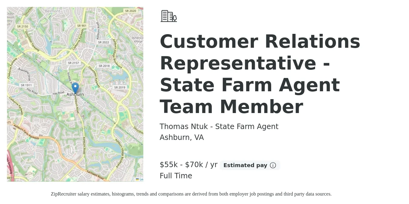 Thomas Ntuk - State Farm Agent job posting for a Customer Relations Representative - State Farm Agent Team Member in Ashburn, VA with a salary of $55,000 to $70,000 Yearly with a map of Ashburn location.
