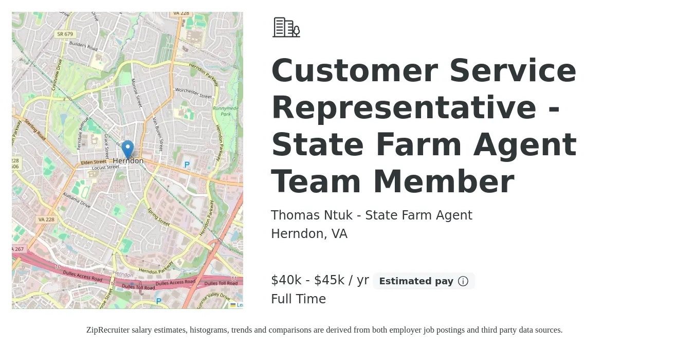 Thomas Ntuk - State Farm Agent job posting for a Customer Service Representative - State Farm Agent Team Member in Herndon, VA with a salary of $40,000 to $45,000 Yearly with a map of Herndon location.