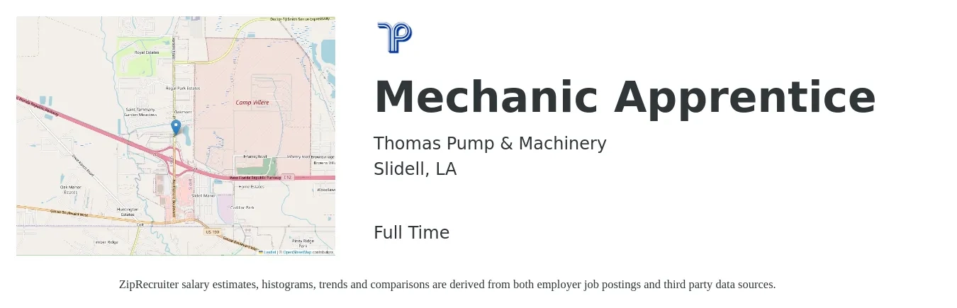 Thomas Pump & Machinery job posting for a Mechanic Apprentice in Slidell, LA with a salary of $16 to $22 Hourly with a map of Slidell location.