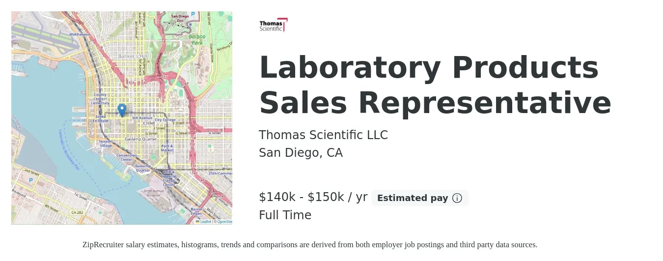 Thomas Scientific LLC job posting for a Laboratory Products Sales Representative in San Diego, CA with a salary of $140,000 to $150,000 Yearly with a map of San Diego location.